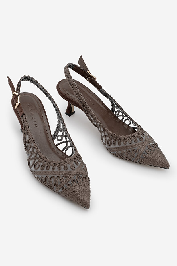 Women's Stiletto Suede Heel Pointed Toe Mesh Hand Knitted Classic Heeled Shoes Onvela Brown Straw