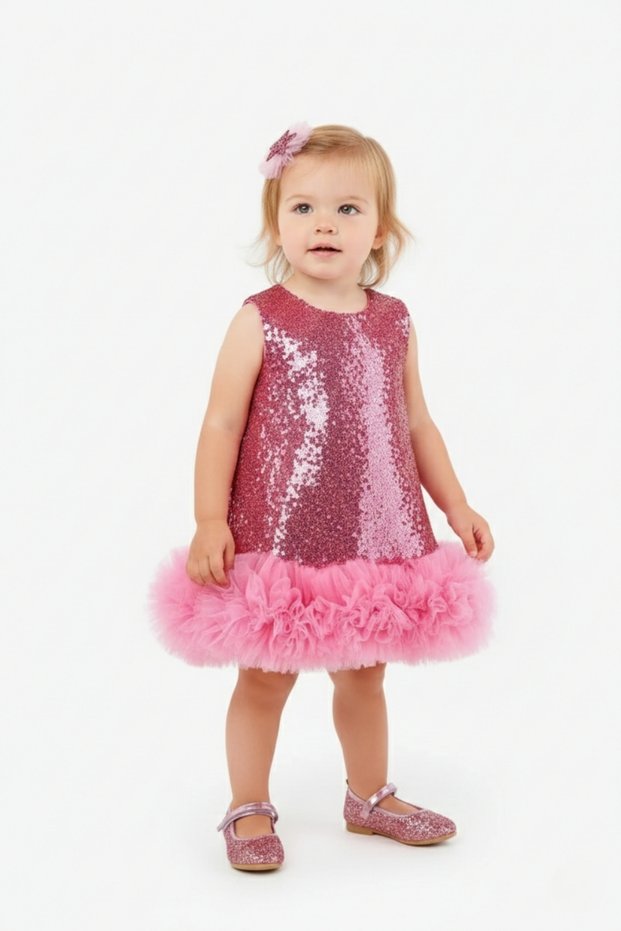 Fuchsia Ruffle Detailed Sequined Baby Girl Dress - Dakota