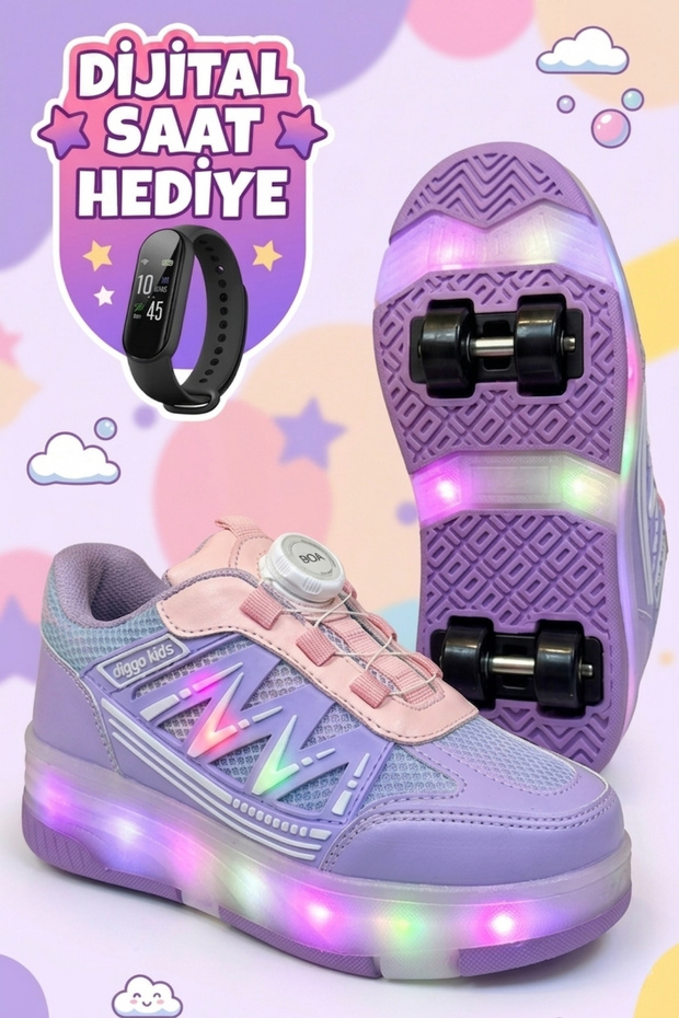 DİGGO KİDS Çocuk Işıklı Patenli Spor Ayakkabı LED Tekerlekli Model - Teker İster Spor Ayakkabı İster Paten
