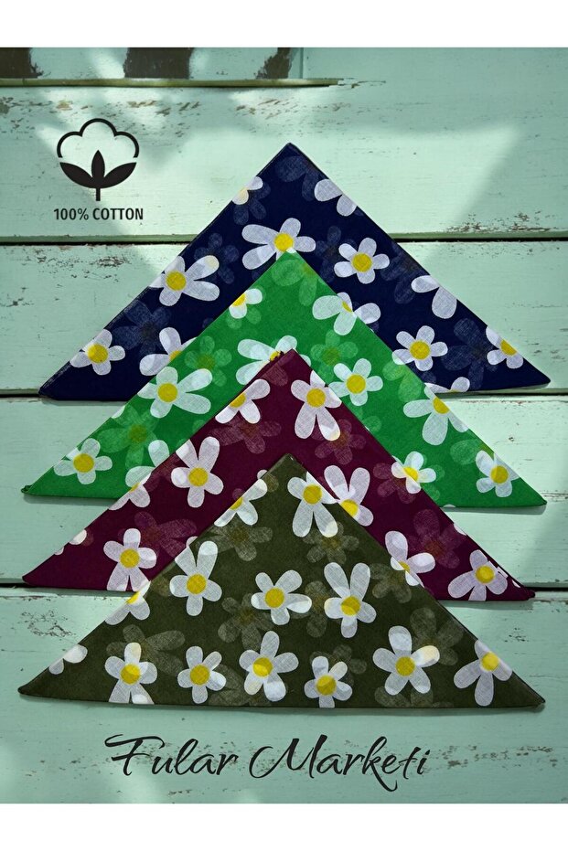 100% Cotton 4 Pieces Daisy Pattern Bandana Black Benetton Green Claret Red Yellow