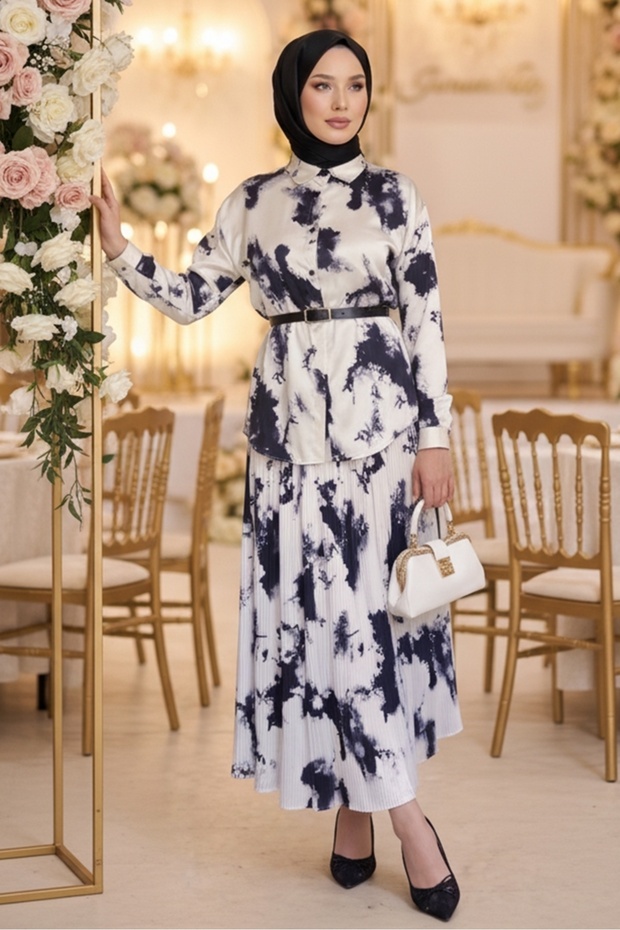 Pleated Skirt Satin Double Set 1693