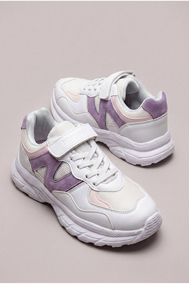 Tonny Black Çocuk Unisex Beyaz Lila Rahat Kalıp Cırtlı Bağcıklı Sneaker