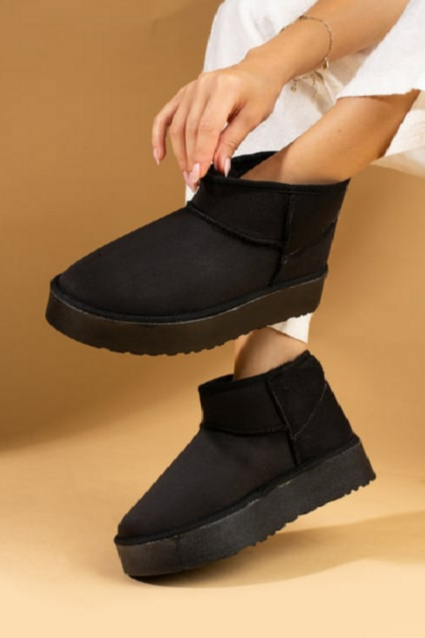 Mini Black Suede Fur-Lined Thick Sole Women's Boots