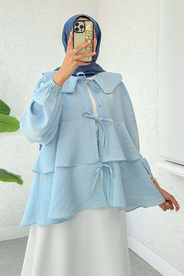 Balloon Sleeve Baby Collar Tunic 2370 - Baby Blue