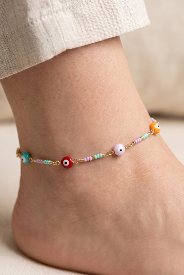 Ysx Brass 22 Cm+5 cm Colorful Evil Eye Anklet Non-Tarnishing Women's Colorful Anklet