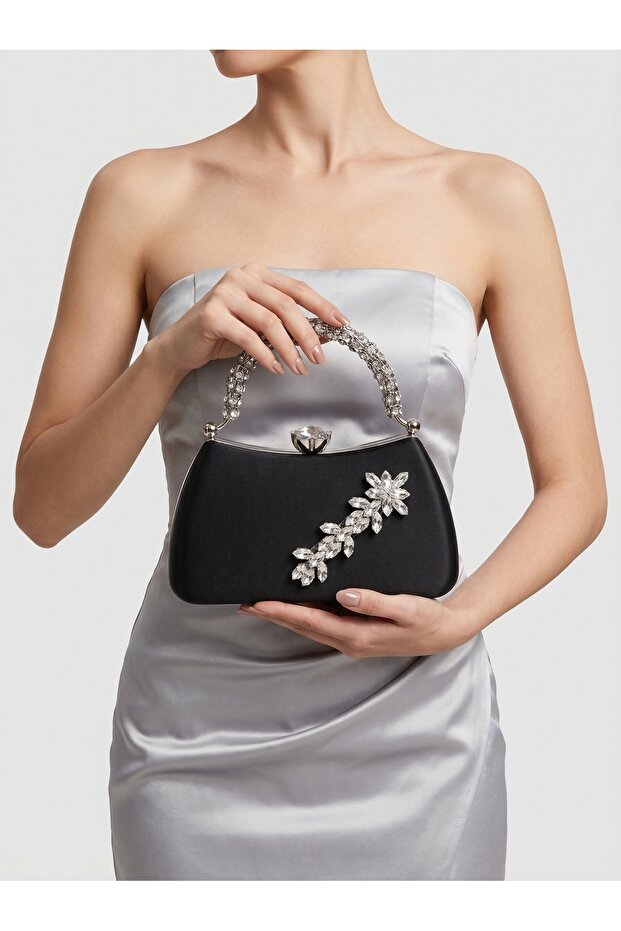 Special Design Black Color Satin Silver Crystal Stone Women's Evening Dress Bag with Handle