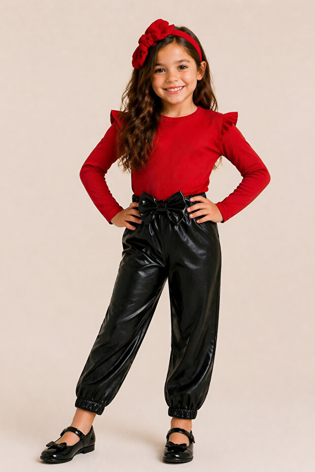Girls' black leather bow-detail pants, red ruffled-shoulder bodysuit, and headband set.