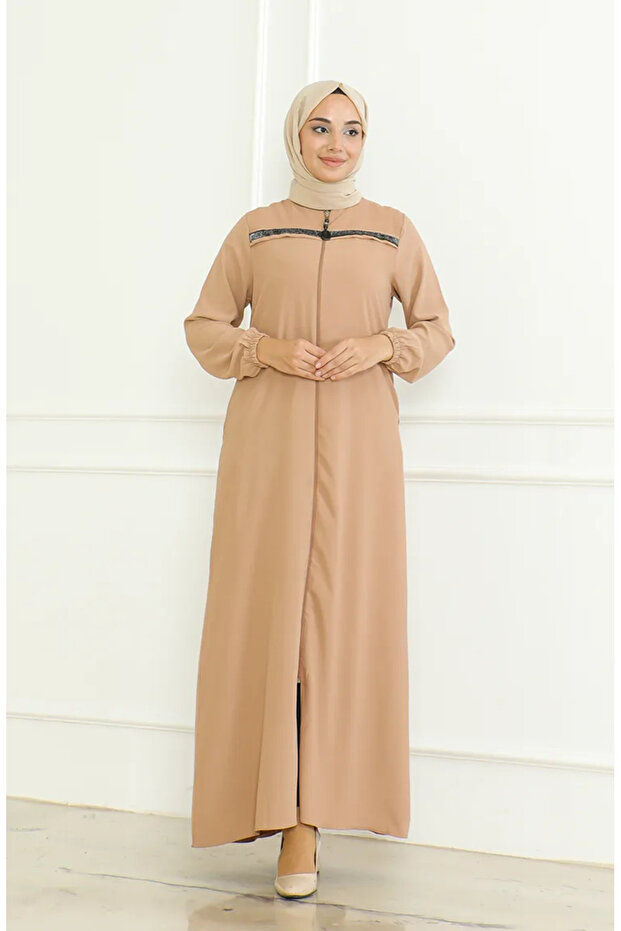 Zippered Robe with Elastic Sleeves 0475-02 Milk Coffee