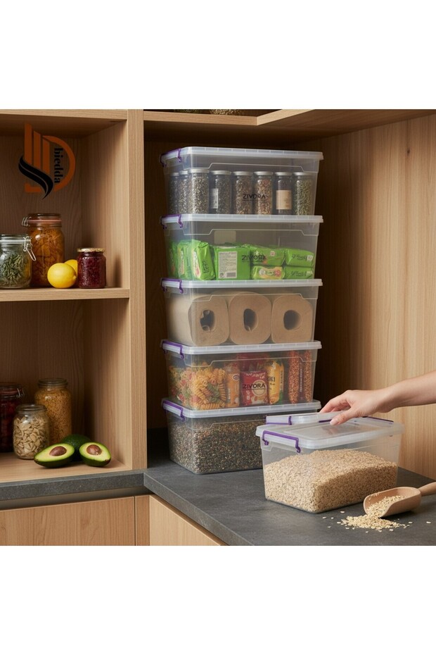 Set of 5 15 Liter (15X5) Horizontal Food Storage Containers with Plastic Lock-Lids Kitchen Interior-Exterior Organizer