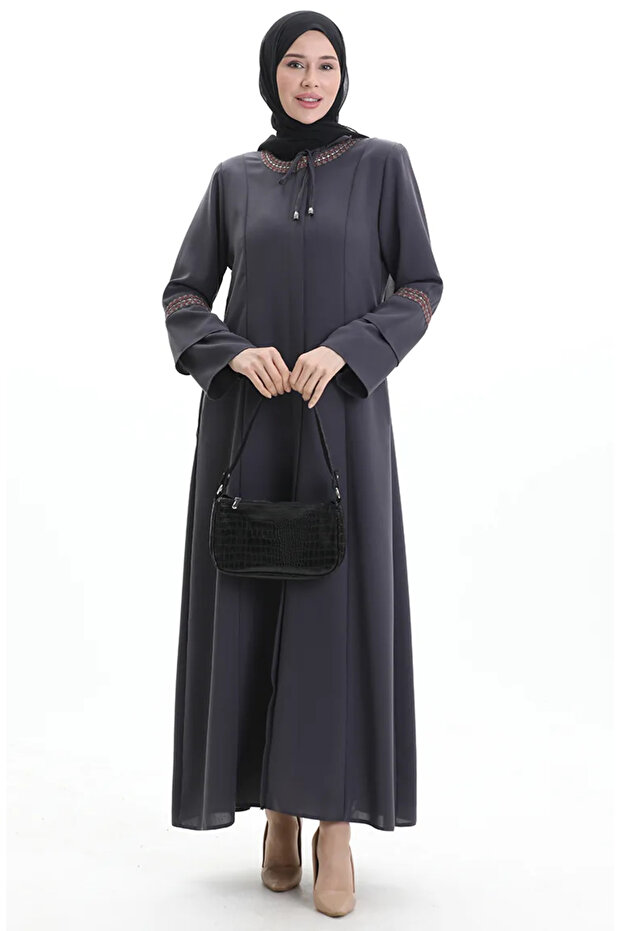 Large size hidden zipper embroidered abaya 6193-03 anthracite