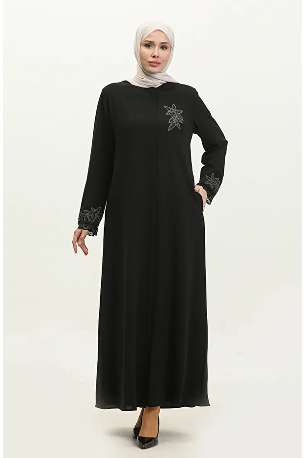 Large size embroidered lace detailed abaya 5065-01 black