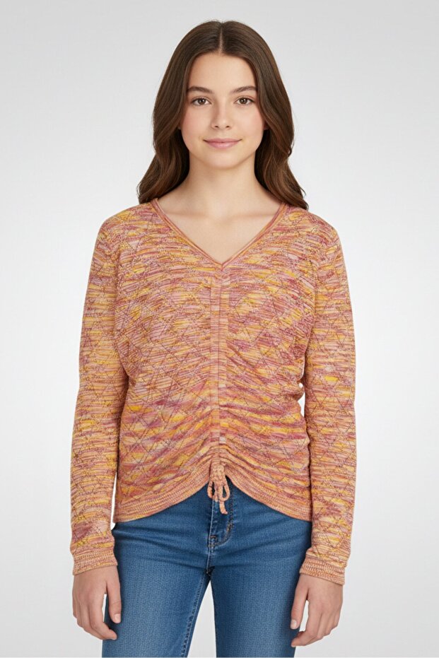 Kids Girl V-Neck Long Sleeves Textured Top, Multicolor