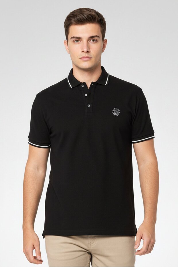 Men Regular Fit Embroidered Logo Short Sleeve Polo Shirt, Black