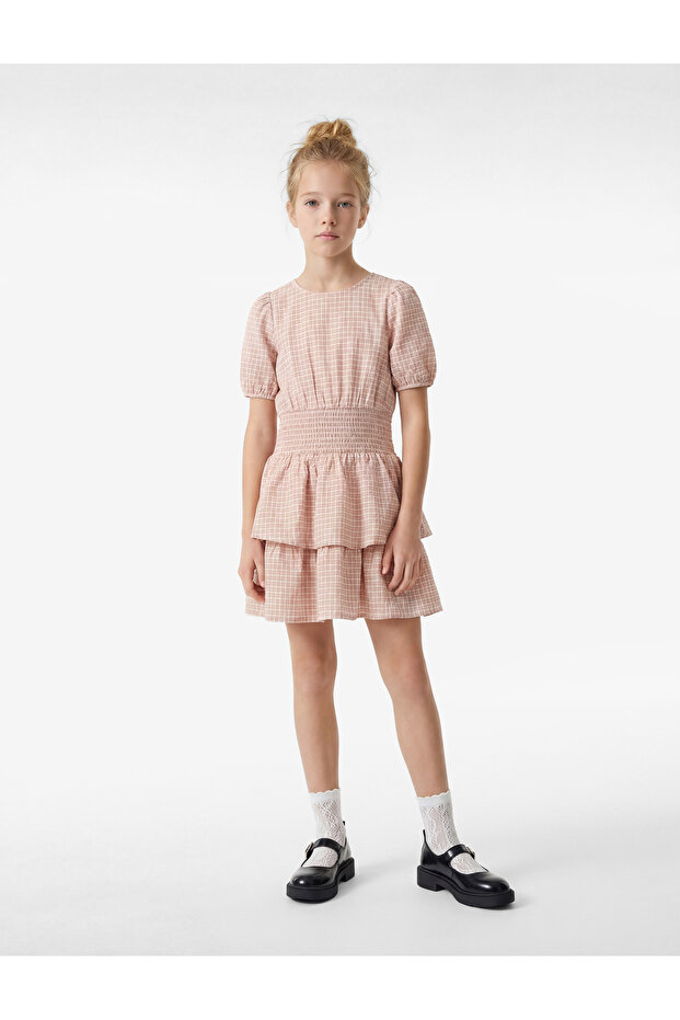 Cotton Pack Crew Neck Layered Gipeli Plaid Pack Short Sleeve Balloon Sleeve Dress