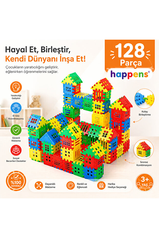 HAPPENS 128 Parça Puzzle City 3d Yapı Ve Tasarım Blokları Eğitici Oyuncak