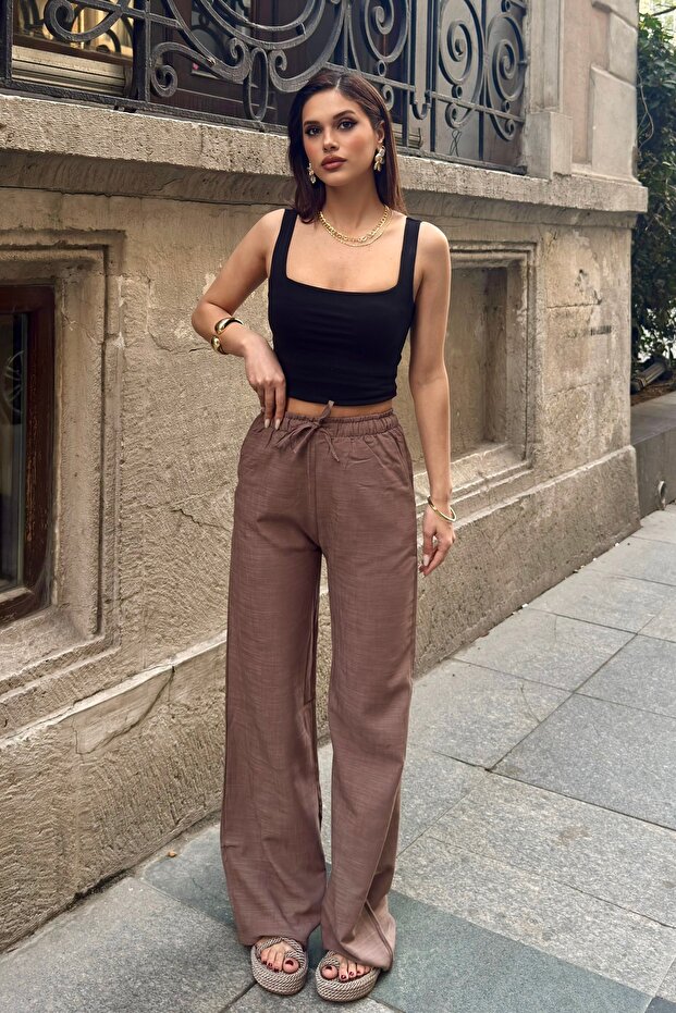 Women's Mink Linen Textured Loose Cut Palazzo Trousers