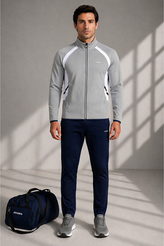 Men's Double Face Fabric Zippered Stand Collar Gray White Tracksuit Set - 7942
