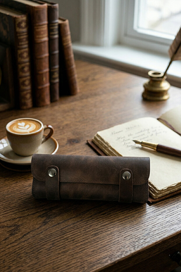 100% Genuine Leather Roll-Up Pen Holder, Multi-Purpose Leather Case with Snap Closure
