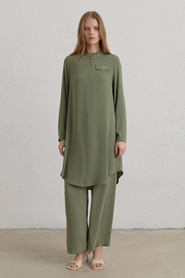 Zipper Detailed High Collar Basic Tunic Green - 1