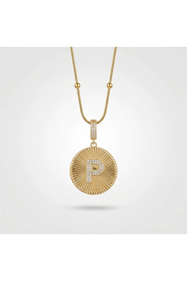 Special Series Tarnish-Free Steel Zircon Stone Dorica Chain Letter Pendant - Medallion Necklace