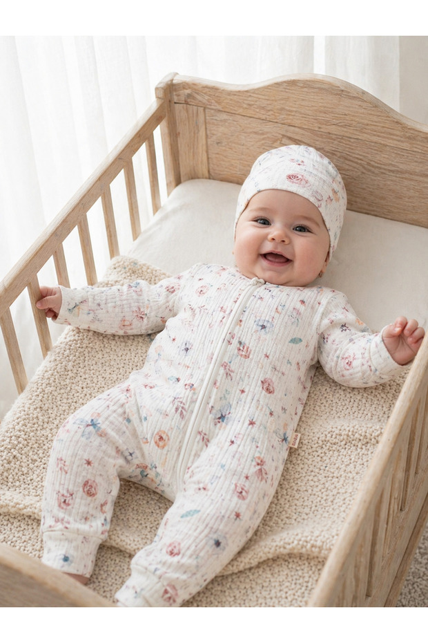 2 Piece Organic Floral Patterned Baby Girl Romper with Hat and Hidden Zipper