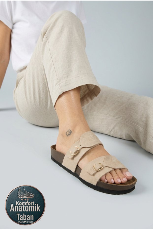 ® Premium Gabi Genuine Leather Women's Daily Slippers with Double Belt Buckle