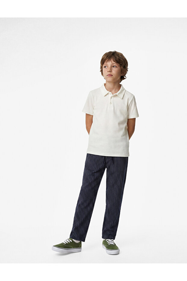 Cotton Striped Trousers with Tie Waist and Pockets