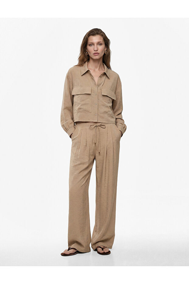 Modal Fabric Tie-Waist Pleated Straight Fit Wide Leg Palazzo Trousers
