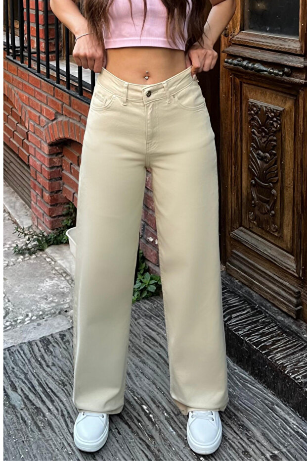 Beige High Waist Wide Leg Jeans