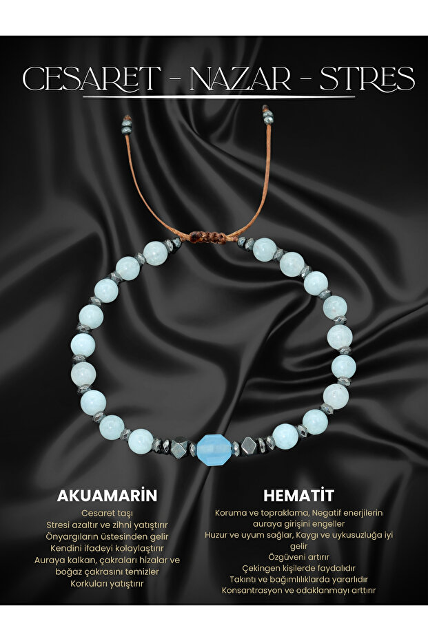 Certified Aquamarine and Hematite Natural Stone Men's Bracelet - Courage & Stress & Communication & Evil Eye
