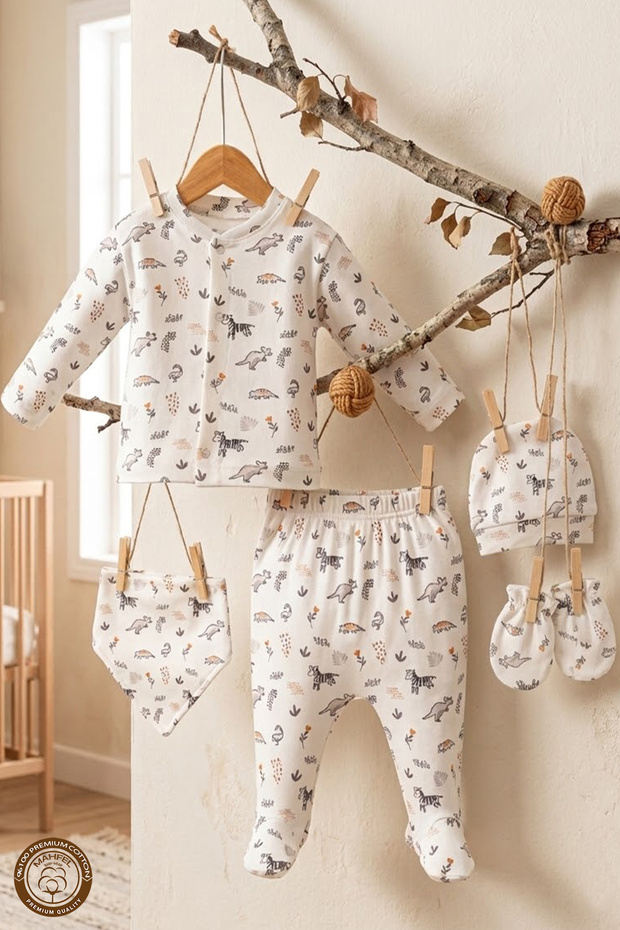 100% Cotton Organic Kangaroo Printed Newborn Hospital Discharge Set 5 Pieces