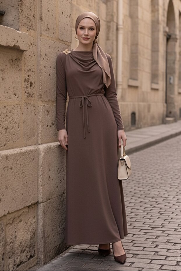 Shawl Tie-Detail Dress 1691 - Light Brown