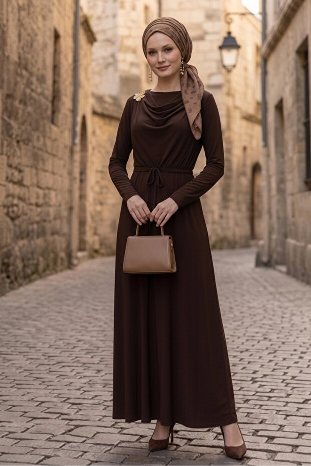 Shawl Tie-Detail Dress 1691 - Brown