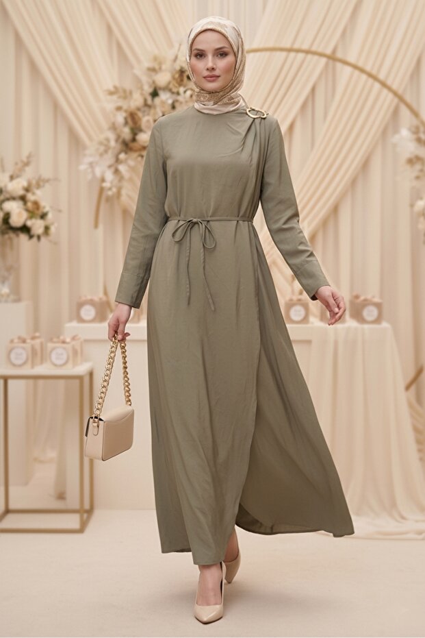 Sueda Buckled Hijab Dress 1699 - Khaki