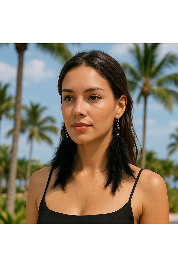 Black Feather Earrings with Pearl Detail - Boho Style Long Earrings