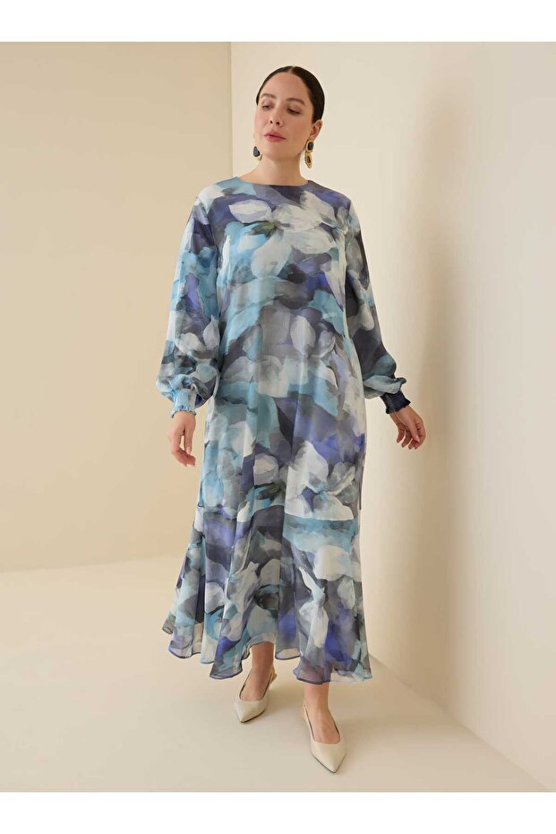 Kolağzı Gipe Detailed Patterned Plus Size Dress - Blue Abstract Pattern-