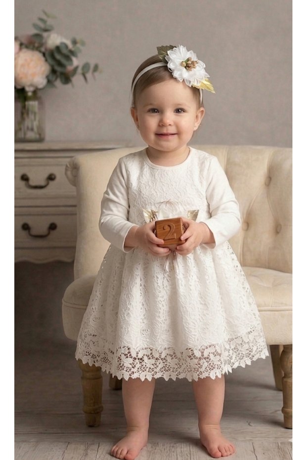 White Lace Baby Girl Dress with Floral Detail