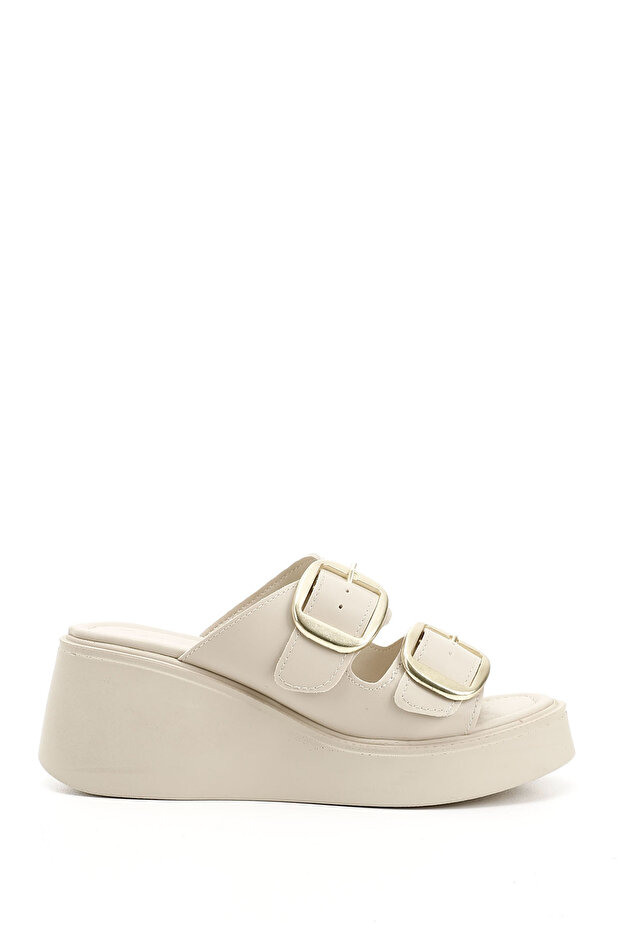 Women's Beige Wedge Heel Buckle Slippers
