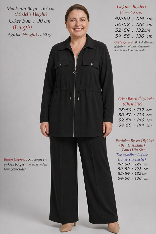 Plus Size Women's Summer High Quality Modal Linen Two-Piece Mom Set Zipper Shirt Pants Comfortable Fit Black
