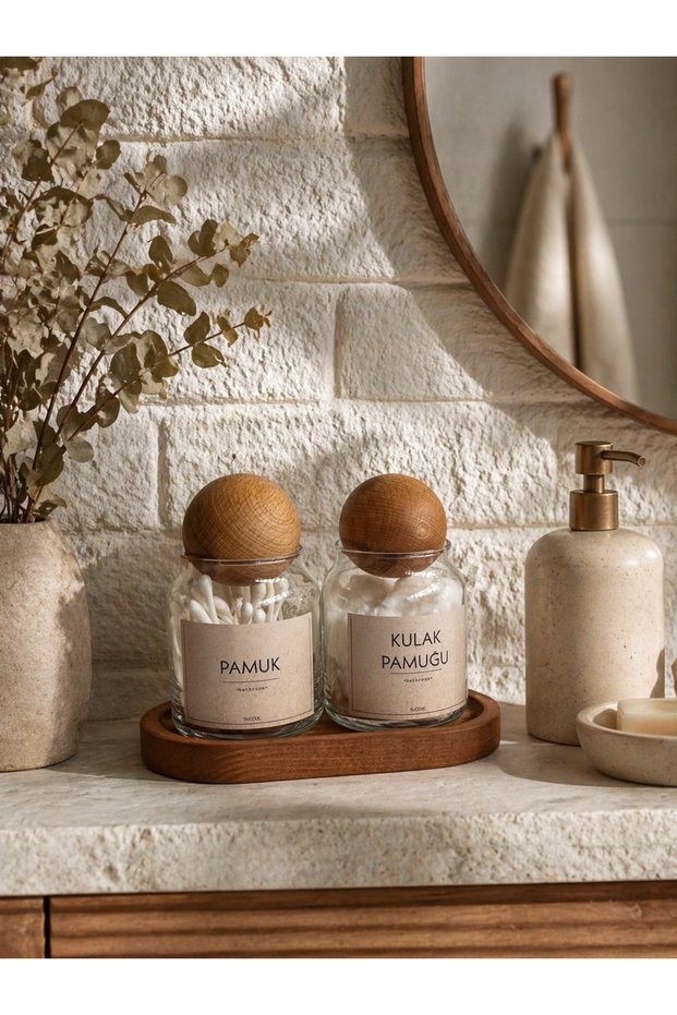 Set of 2 Glass Cotton Containers with Wooden Ball Lids – with Wooden Stand |   Vintage Label (Cotton & Cotton Ear Pads)