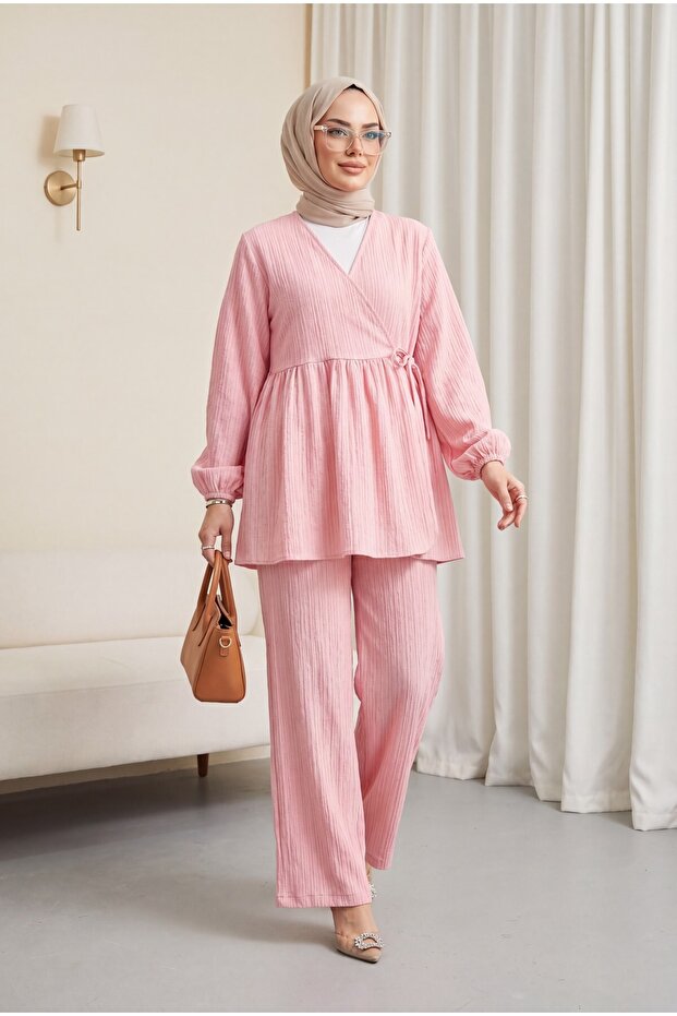 Internally Tied Tunic and Wide-Legged Trousers Set - Pink