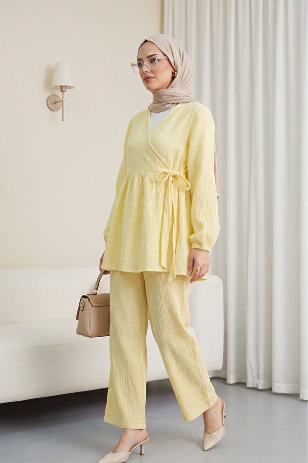 Internally Tied Tunic and Wide-Legged Trousers Set - Yellow