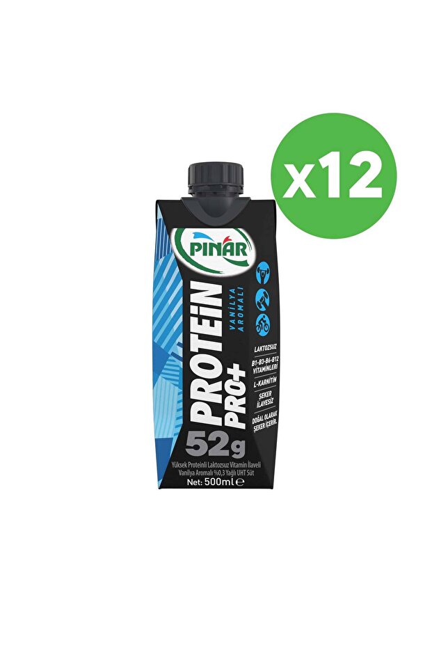Pınar Protein Pro+ Vanilyalı 500 ml 52g Protein, Şeker İlavesiz x 12 Adet