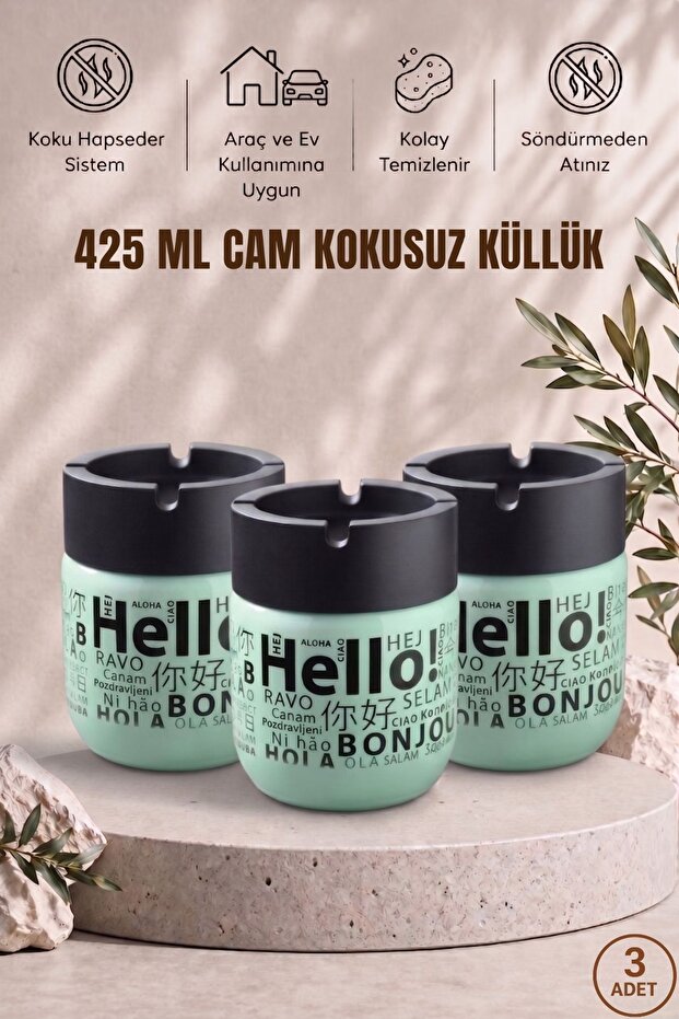 Hello Printed 3 Piece Glass Odorless Ashtray | Smokeless | Decorative Glass Ashtray with Anti-Wind Cover | 425 ml | Green