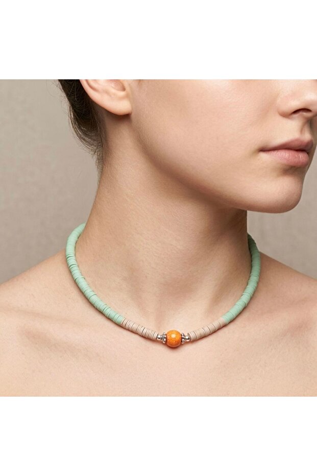 Women's Green Fimo Dough Bead Necklace Handmade Bijouterie Gift Accessory