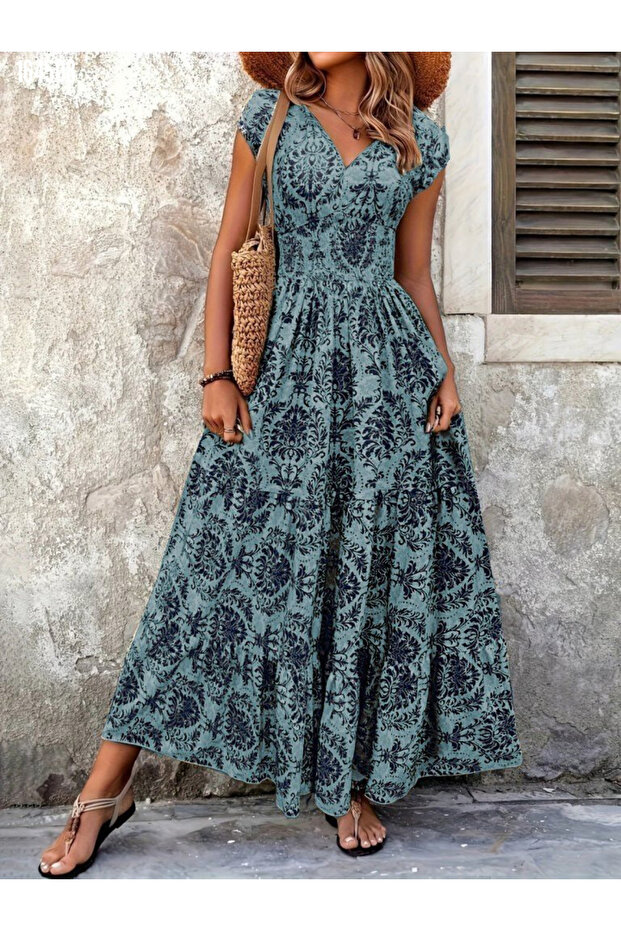 Women's Elastic Waist Double Breasted Collar Short Sleeve Maxi Length Single Jersey Dress