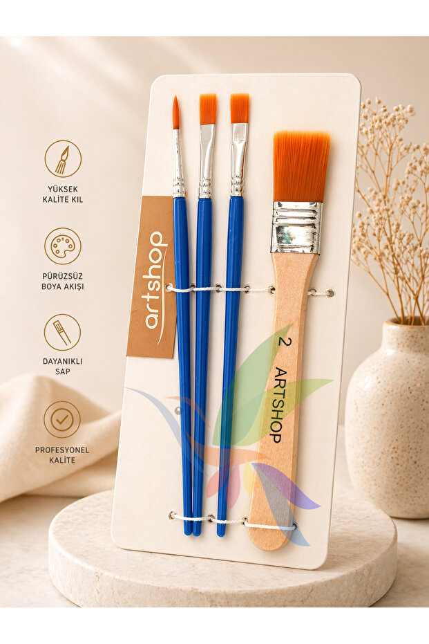 Artshop 4' Lü Fırça Seti, Sanatsal 2 Numara Zemin Fırçalı Set, Akrilik Boya, Yağlı, Sulu, Guaj Boya Fırçası