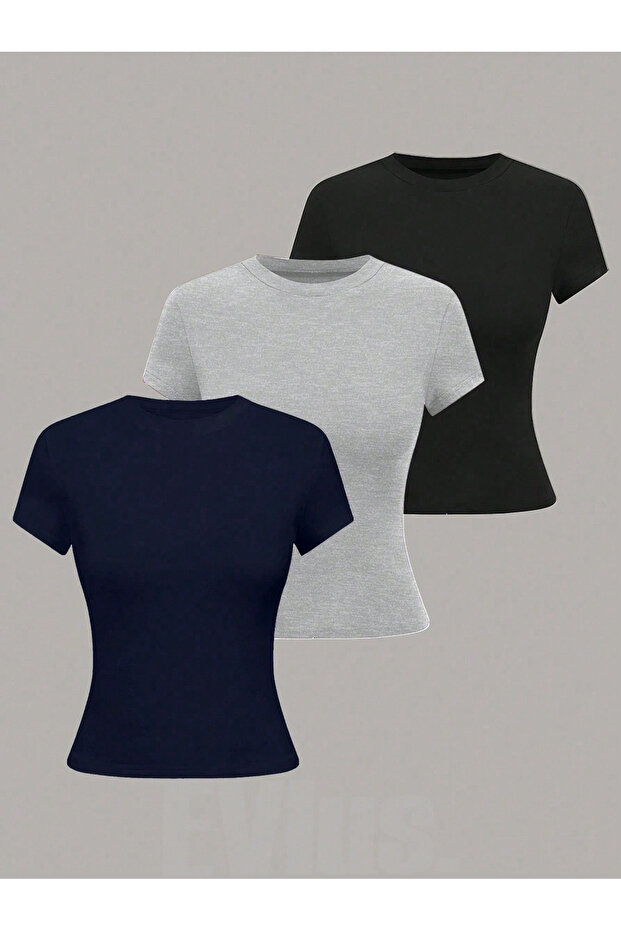 Women's Basic Crew Neck Slim Fit T-Shirt Triple Set
