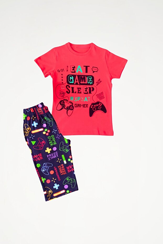 Oeko-Tex ® 100% Cotton Playstation Patterned Short Sleeve Capri Boys' Pajama Set
