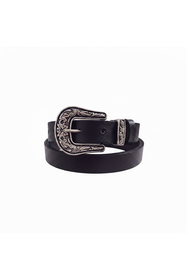 Unisex Genuine Leather 2 cm Western Buckle Belt - Black Carved Cowboy Style Waist Belt